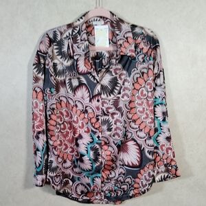 03190 Jodifl tan black & turquoise feather print 7/8 sleeve blouse M NWT